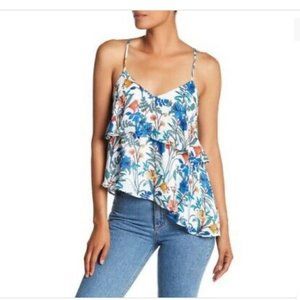 Parker XS White Floral Asymmetrical Hem Flounce Detail Tank Top